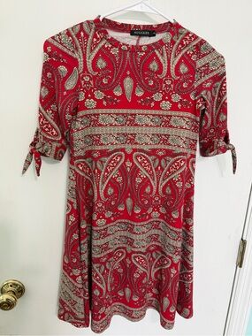 Nuggles Girls red paisley modest Midi Dress Sz 8 EUC half sleeve